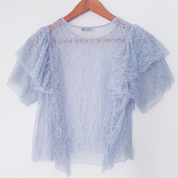 ZARA Blue Gray Ruffle Lace Cropped Top - Picture 9 of 10